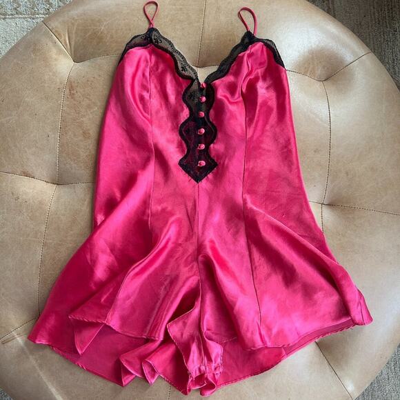 other Other - Vintage 90s Red Satin Teddy Romper Vampire Vamp Halloween Lingerie Lace M